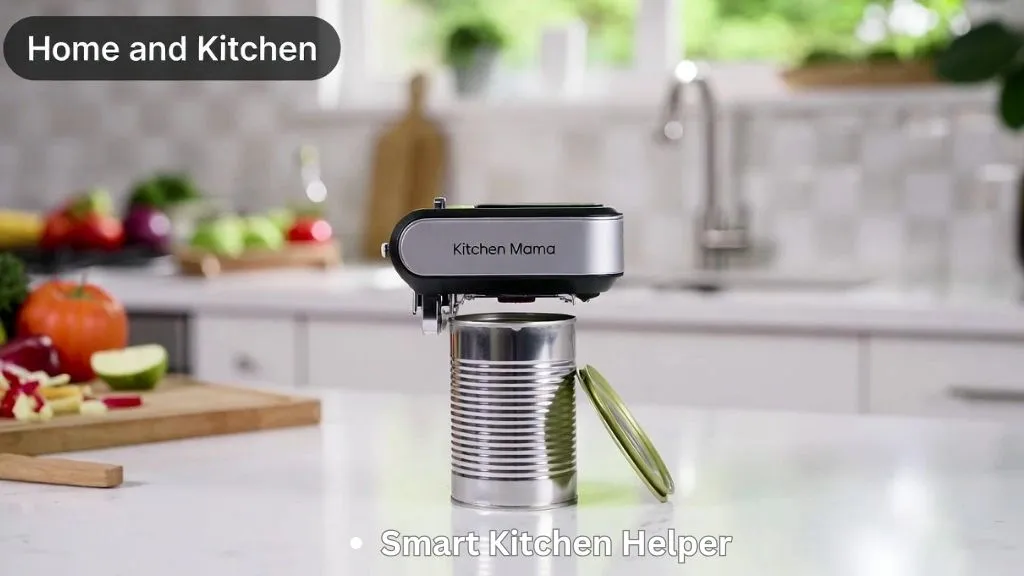 Kitchen Mama Can Opener automatically opening a food can on a kitchen countertop using a hands-free electric design