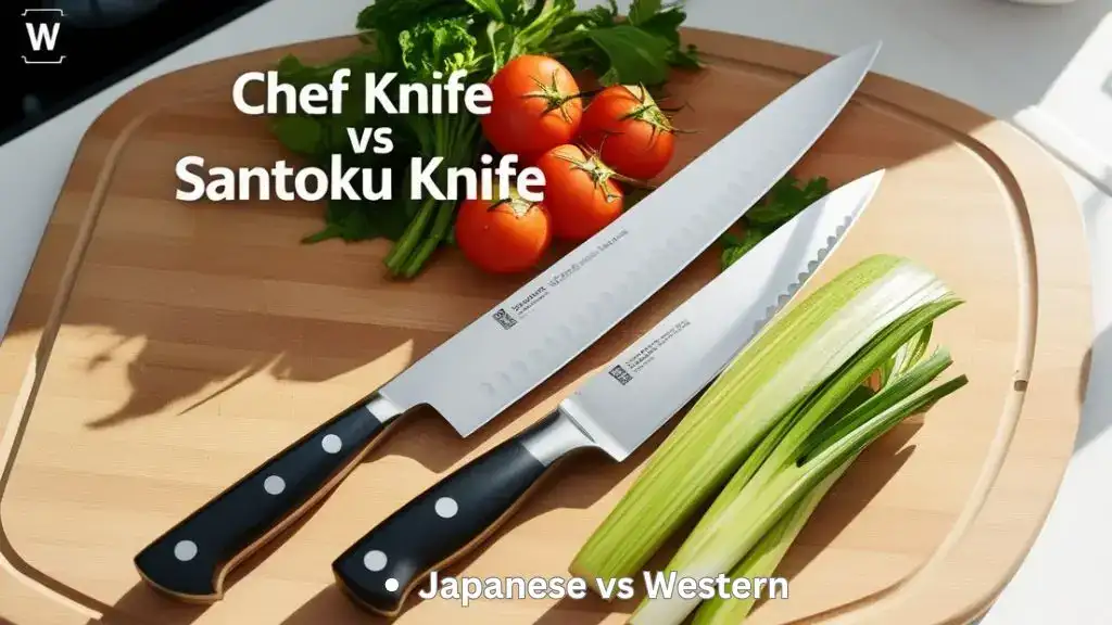 Chef knife and santoku knife placed side by side with vegetables