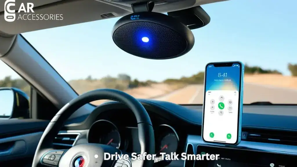 Bluetooth car kit clipped to visor with phone connected for hands‑free call