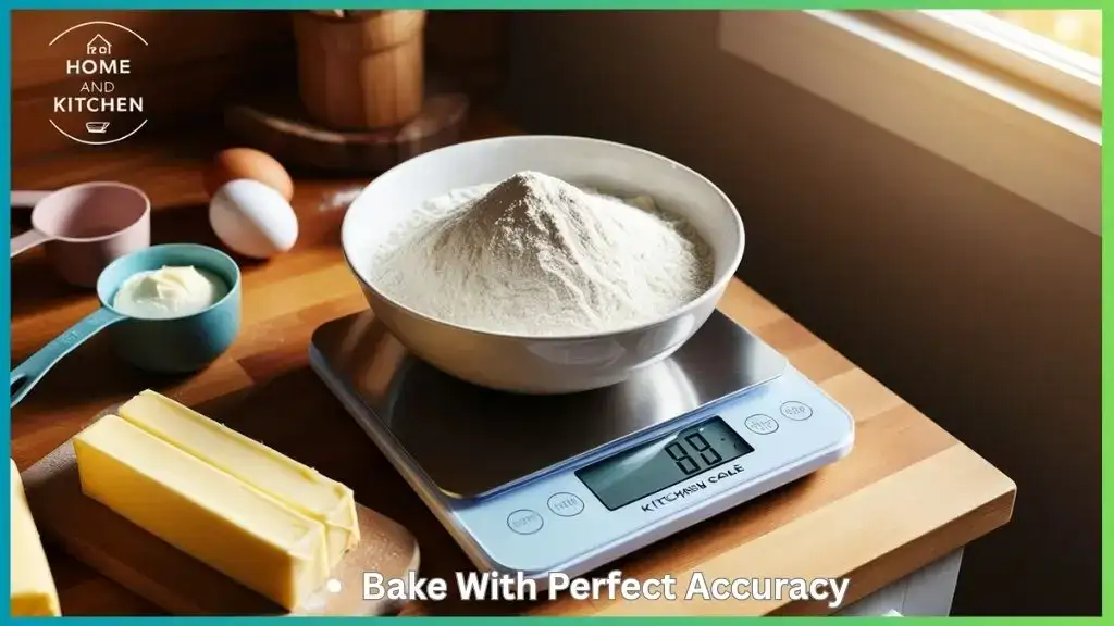 Digital kitchen scale weighing flour in a baking setup