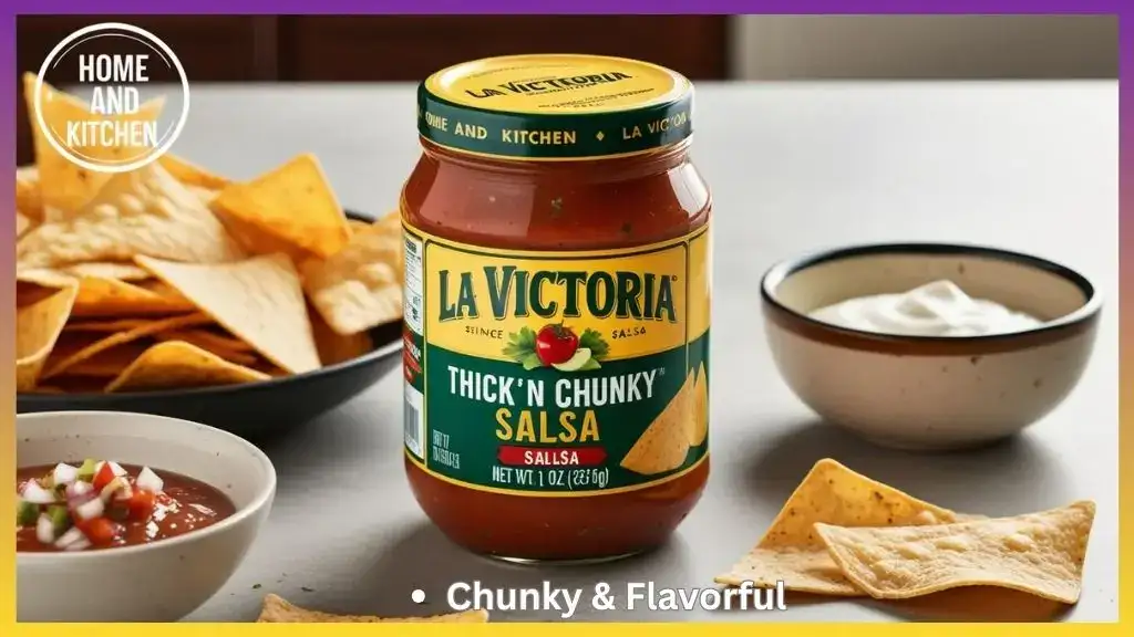 Jar of LA VICTORIA Thick 'N Chunky Salsa with chips on a table