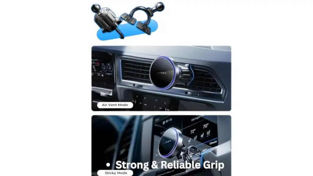 Magnetic car phone mount holding a smartphone on a dashboard