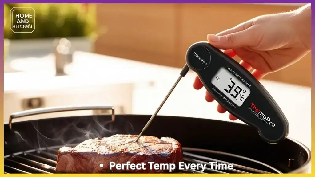 ThermoPro TP03 Digital Meat Thermometer checking steak temperature on a grill