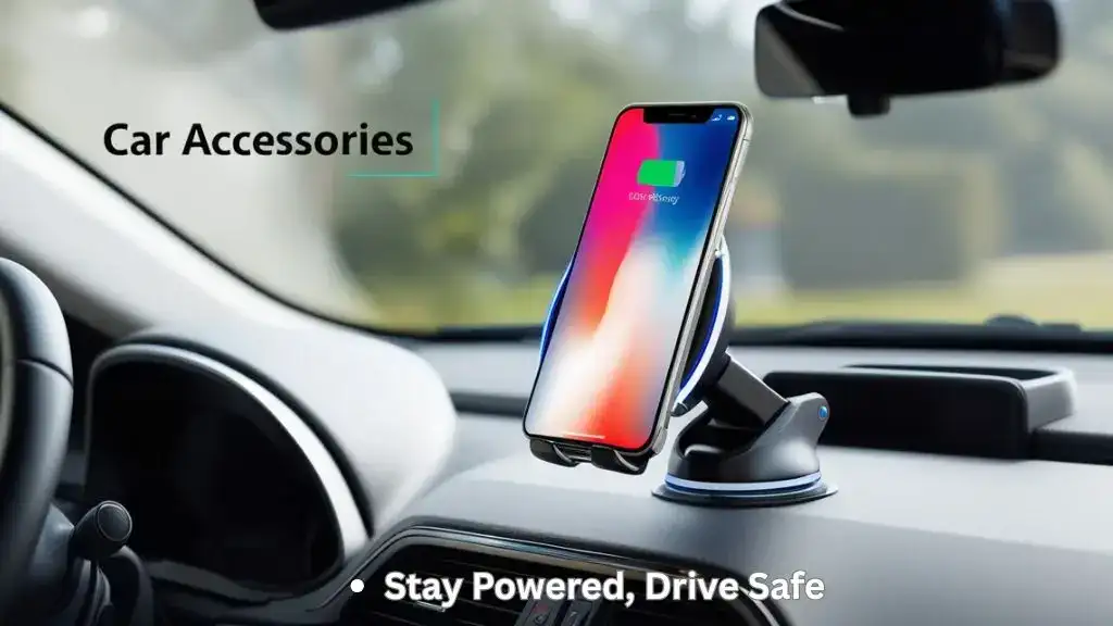 Smartphone charging wirelessly on a car dashboard mount