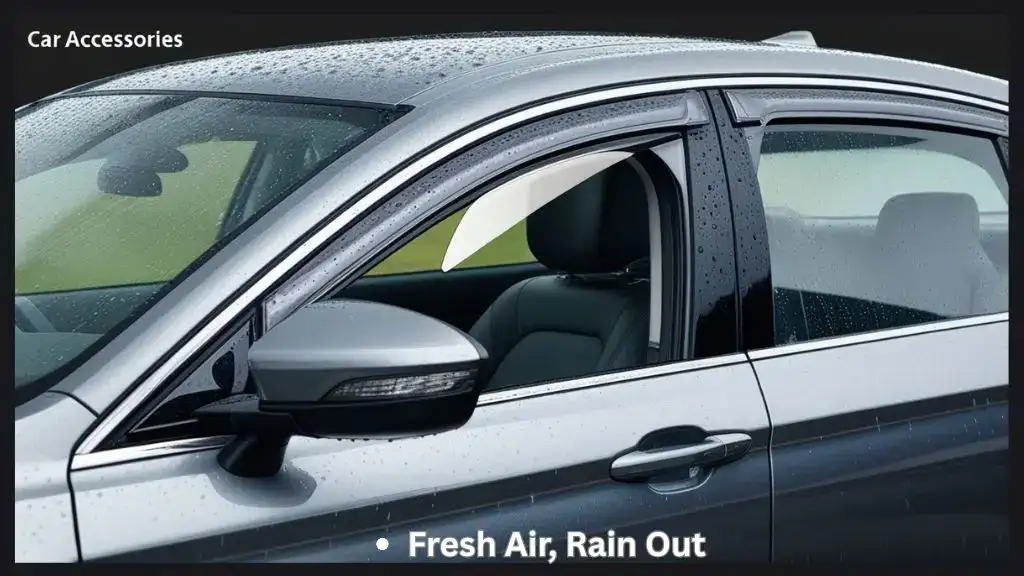 Car with side window deflectors keeping rain out while windows are cracked open