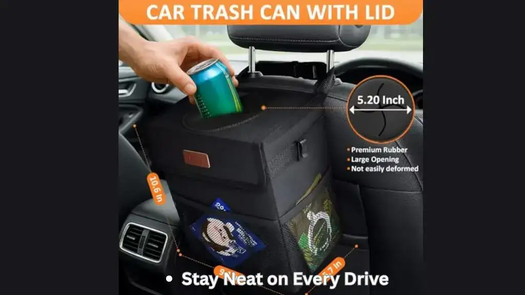 Compact car trash can with lid placed in front seat for tidy storage