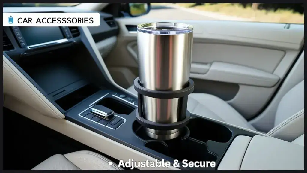 Car cup holder extender holding a large tumbler in center console