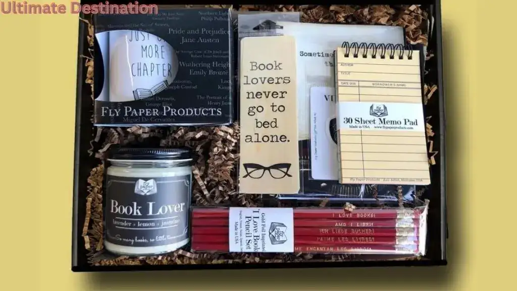 Woman unboxing a curated book lover gift box filled with reading accessories