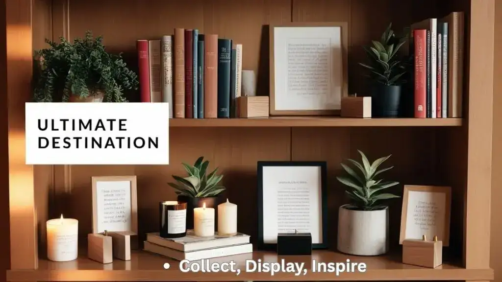 Bookshelf decorated with bookish gifts, plants, and accessories for book collectors