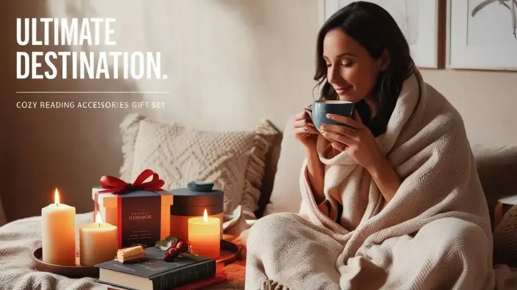 Woman enjoying a cozy reading accessories gift set with blanket, tea, and books
