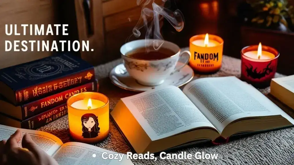 Fandom-inspired candles glowing beside books and tea in a cozy reading nook