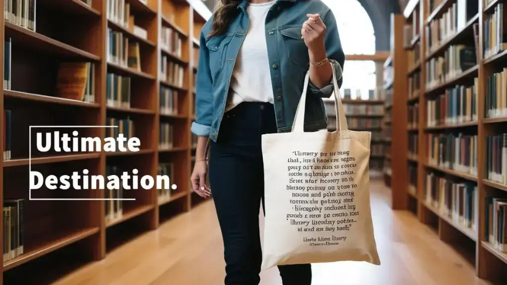Woman carrying a literary tote bag with famous quotes while browsing books
