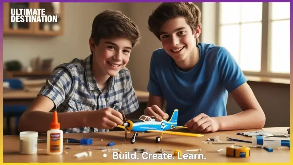 Teens building a model airplane kit on a desk with tools and glue