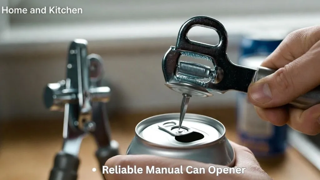 Person using the best church key can opener to puncture and open a metal can on a kitchen countertop