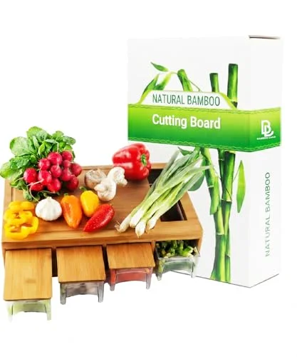 bamboo cutting board with prep bins