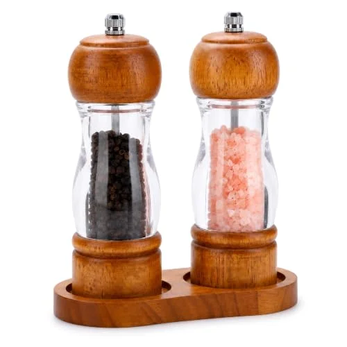 wooden salt and pepper grinder set with tray