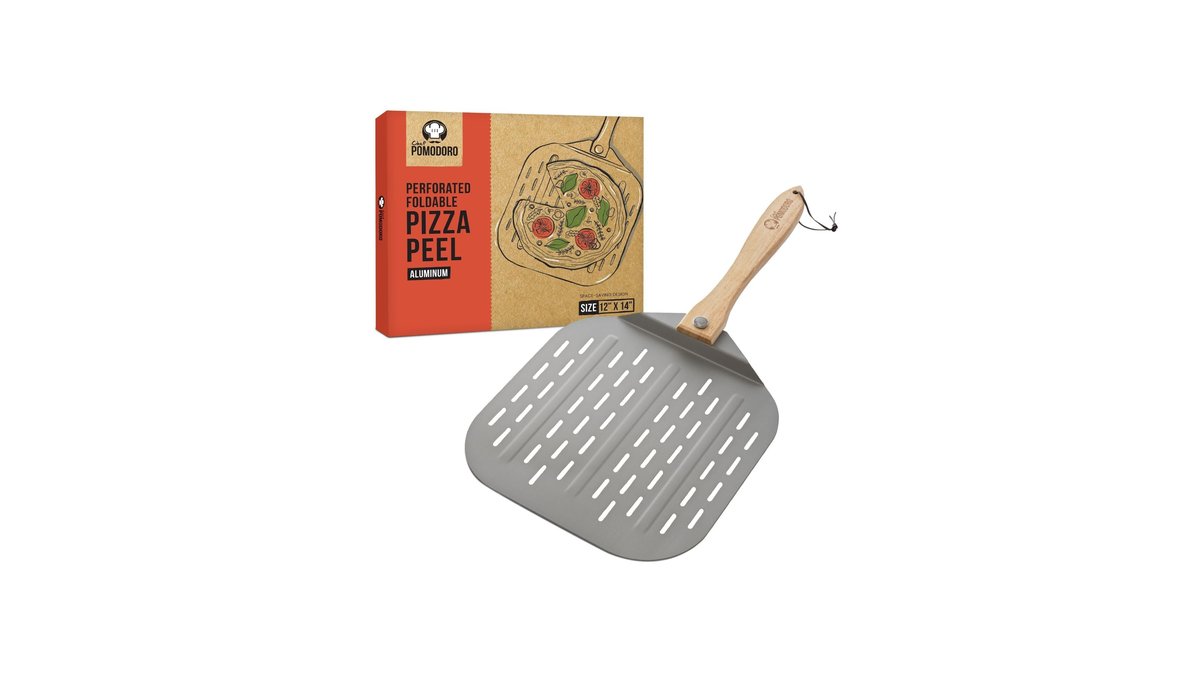 Aluminum pizza peel with folding wooden handle on marble countertop