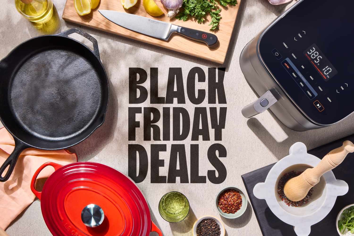 Black Friday kitchen deals displayed as appliances on a modern countertop