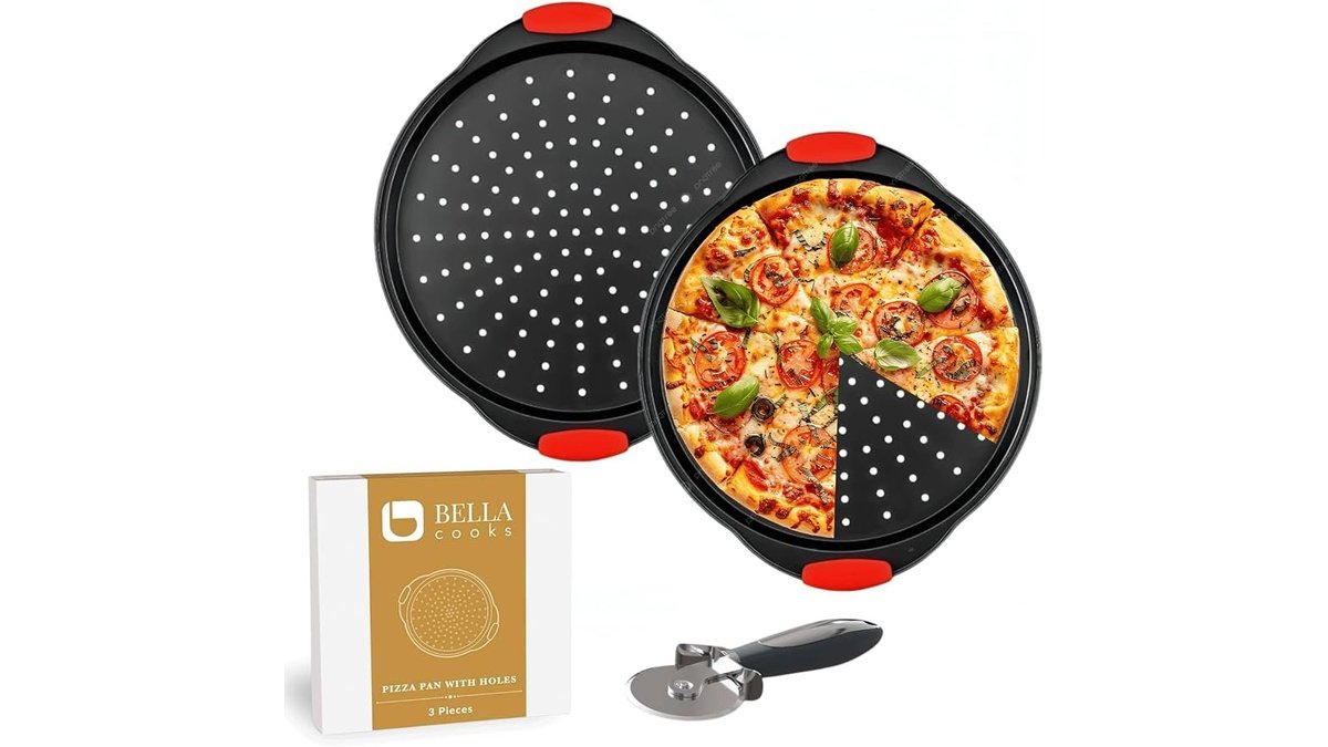 A crispy pepperoni pizza rests on a nonstick pizza pan with holes.