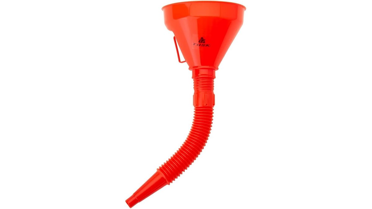 Flexible neck funnel with bendable spout on a wooden workbench