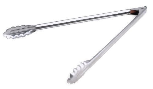 Heavy duty stainless steel kitchen tongs resting on a dark walnut cutting board.