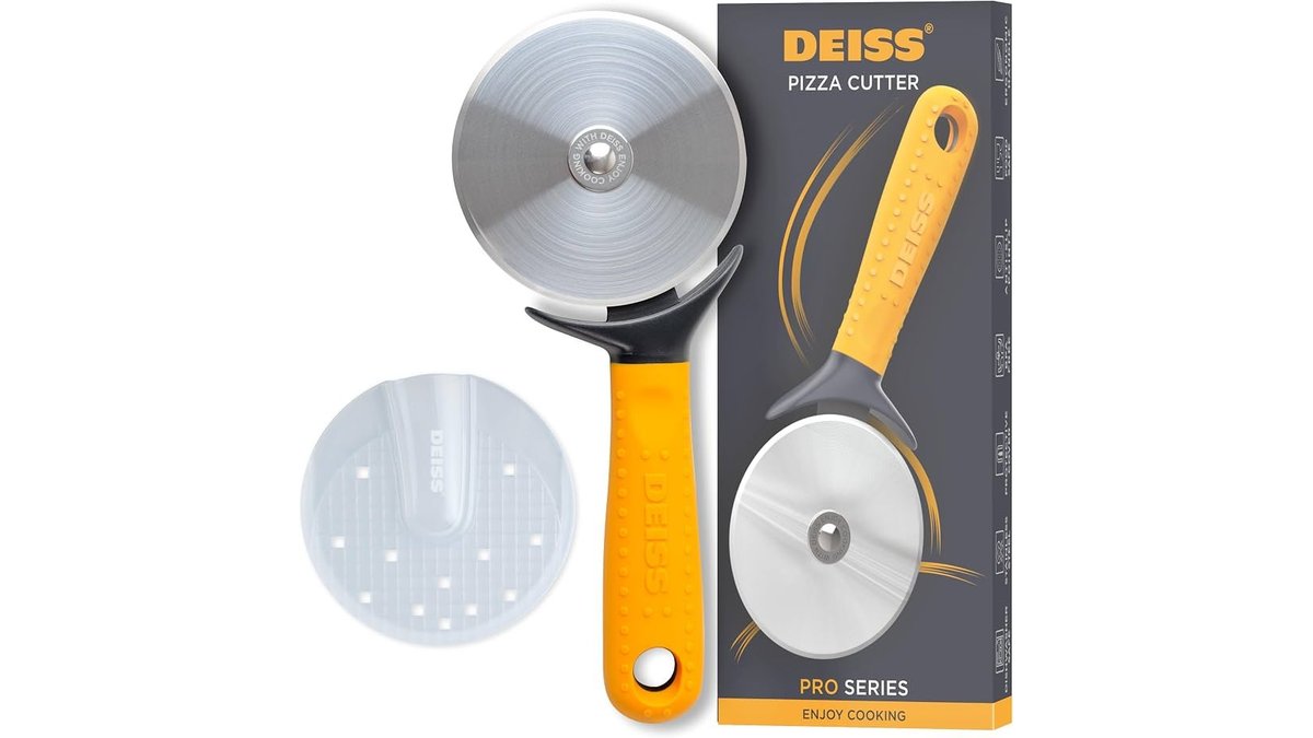 Heavy-duty stainless steel pizza cutter wheel on a wooden board beside fresh pizza slices.