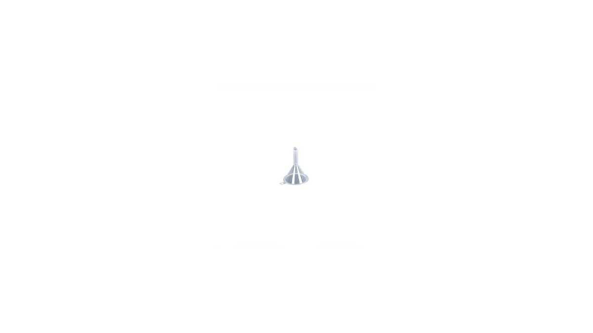 Long neck funnel guiding oil into a narrow glass bottle