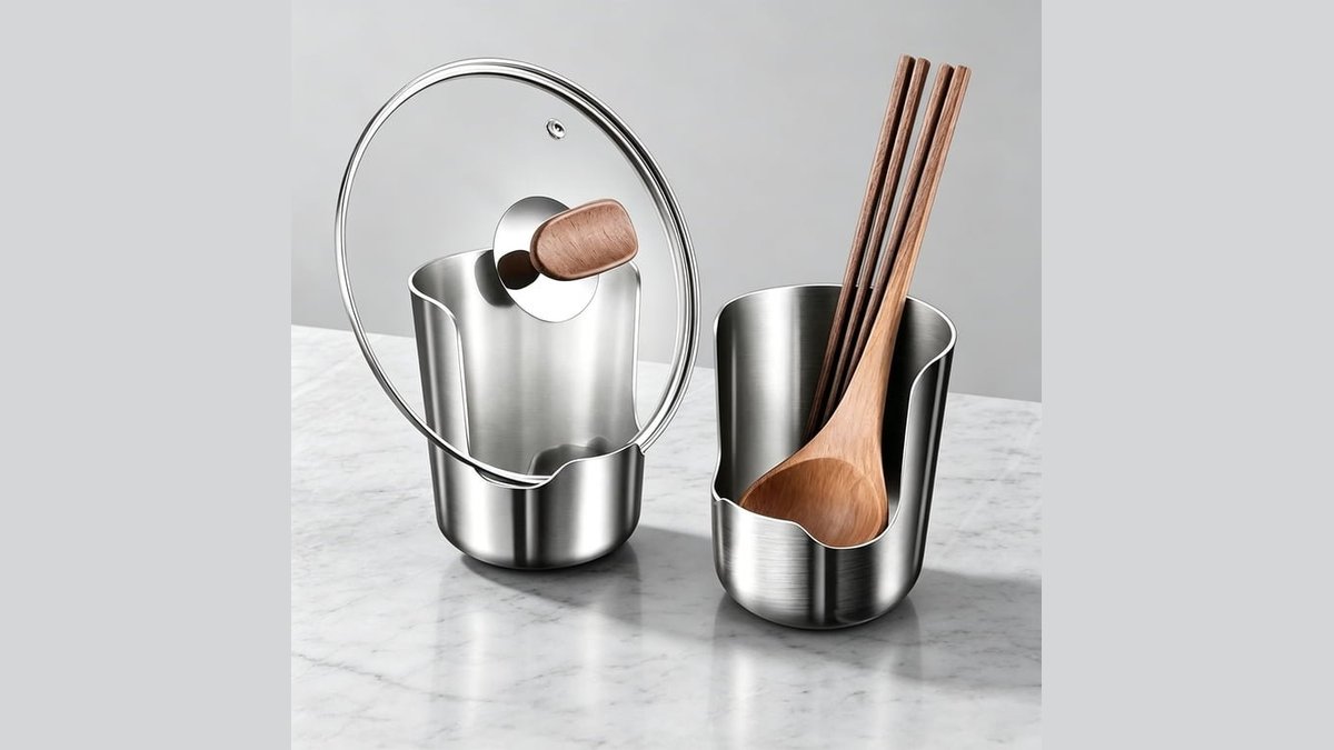 A modern vertical utensil spoon rest holder sits on a marble kitchen counter.
