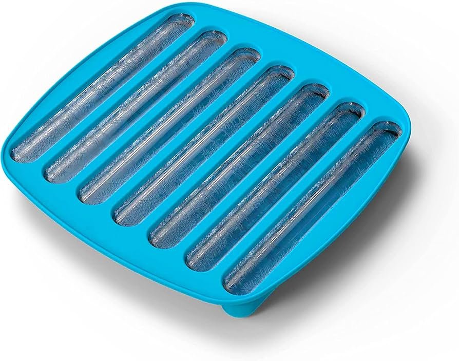 A silicone ice stick tray and glass water bottle on a marble countertop.