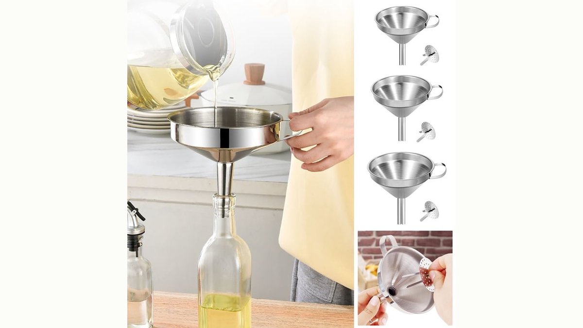 Stainless steel kitchen funnel with removable mesh strainer held over a jar