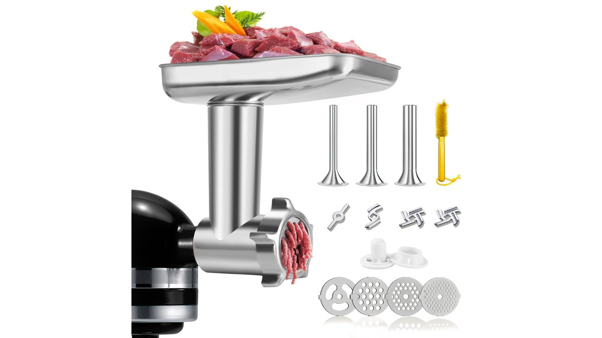 Stainless steel meat grinder attachment mounted on stand mixer with fresh ground beef