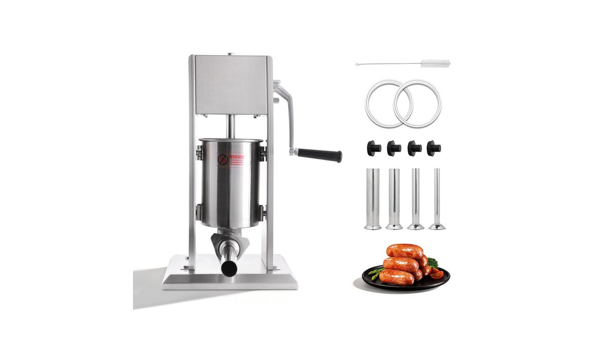 Stainless steel sausage stuffer machine on marble counter with fresh sausages and casings