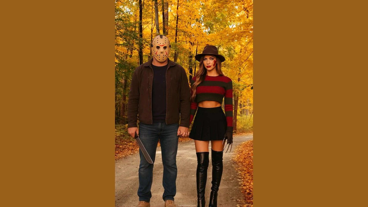 A stylish couple dressed in coordinated vintage detective costumes for a halloween celebration.