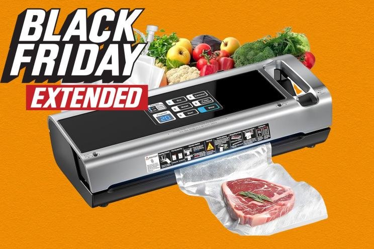 Vacuum sealer on a kitchen counter beside sealed coffee bean bags